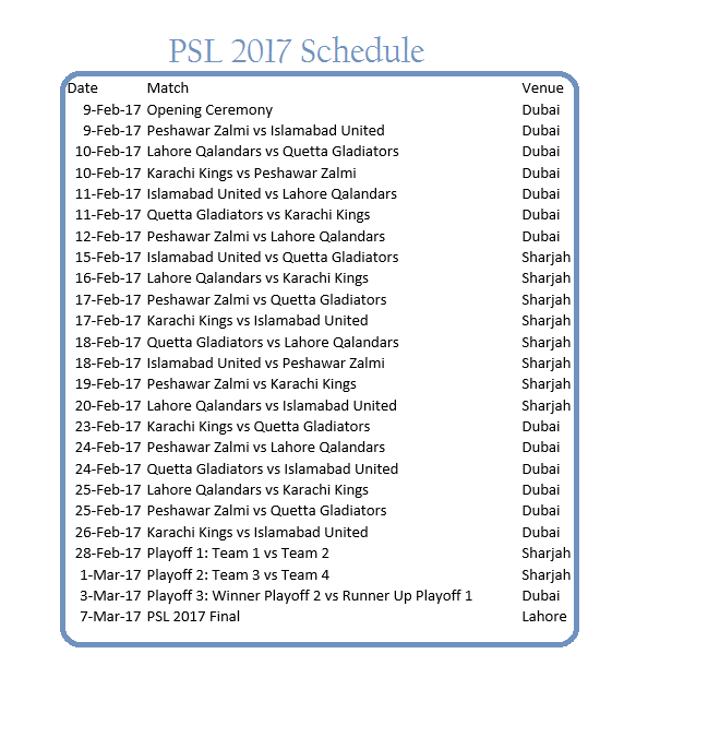 psl 2017 schedule 2nd edition