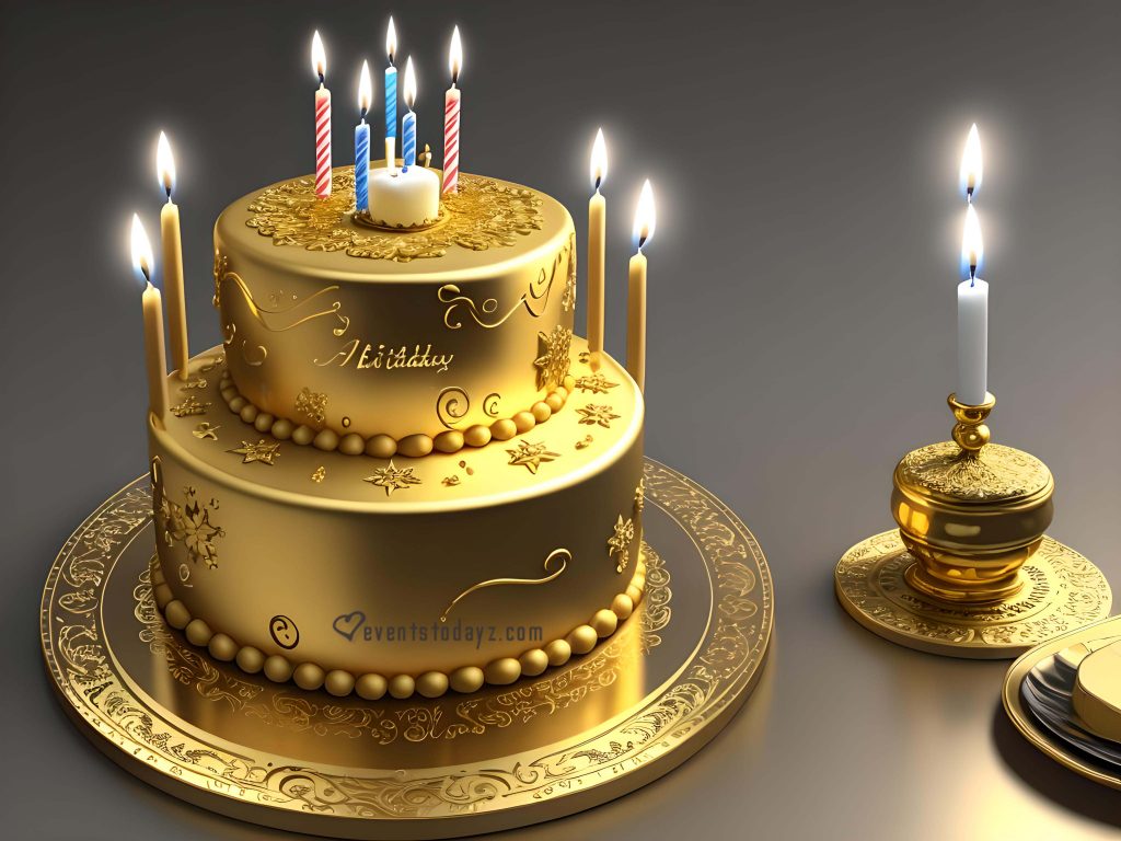 golden birthday cake with candles