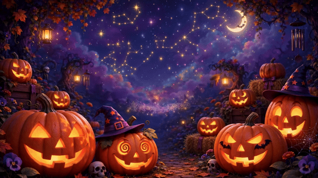 Happy Halloween GIF with 3D pumpkins and stars