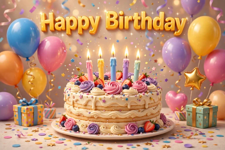 Happy Birthday image with a birthday cake, candles and balloons
