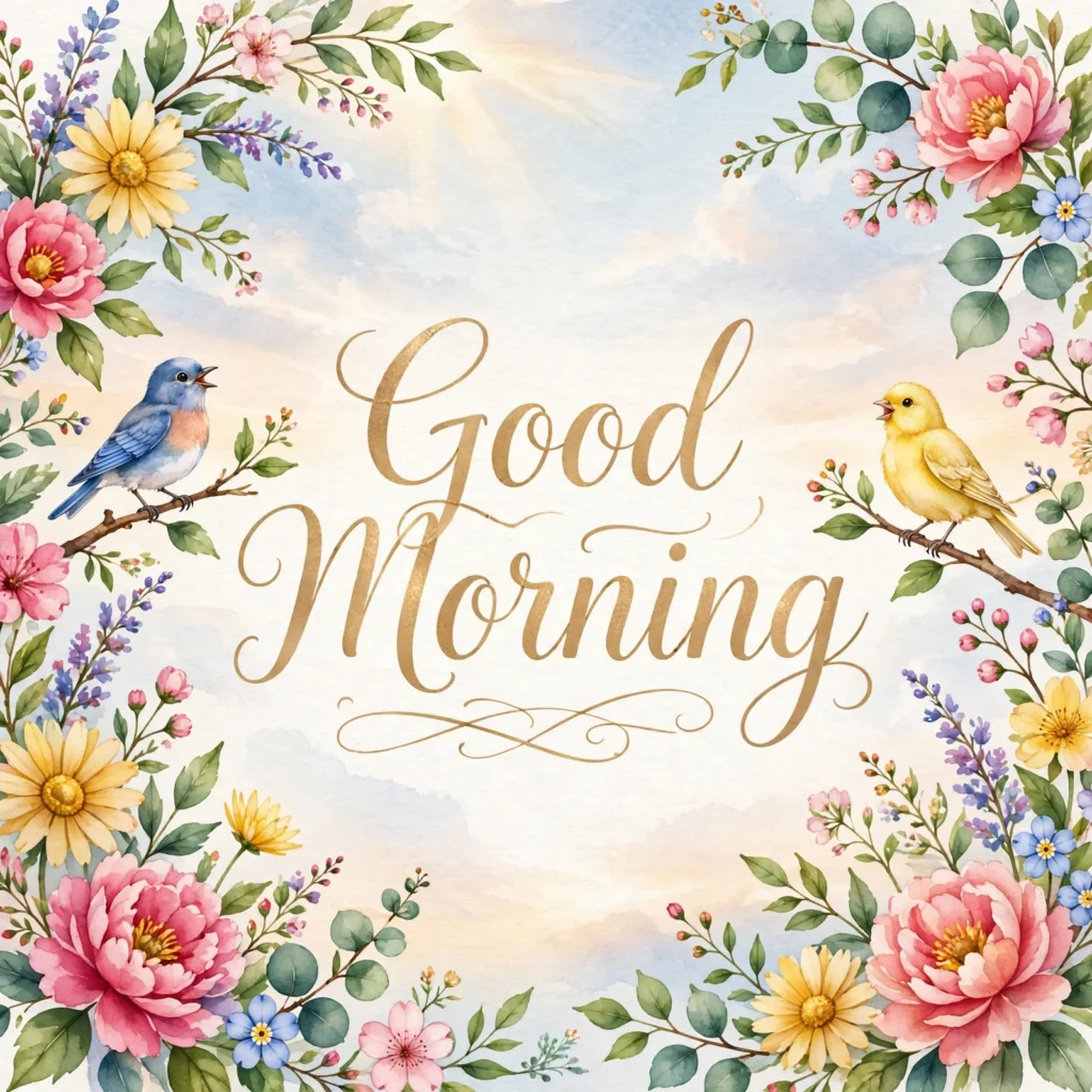Good Morning flowers and birds image