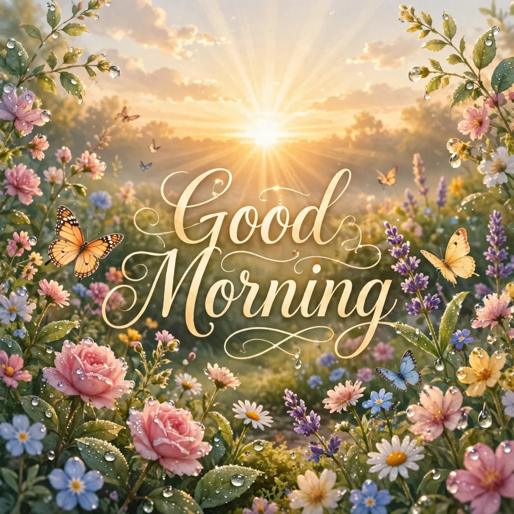 Good Morning image with sunrise garden