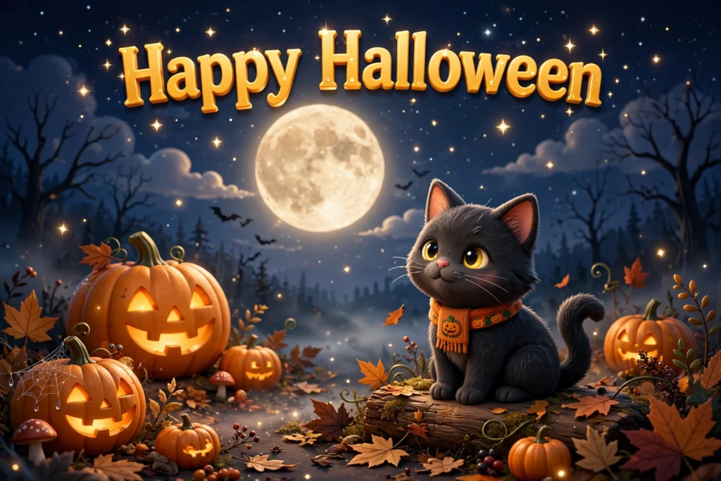 Happy Halloween image with a black cat under a full moon