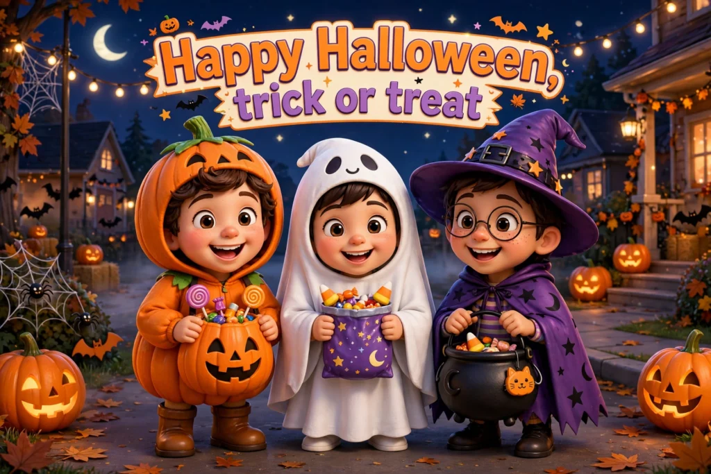 Happy Halloween image with costumed kids and treat bags