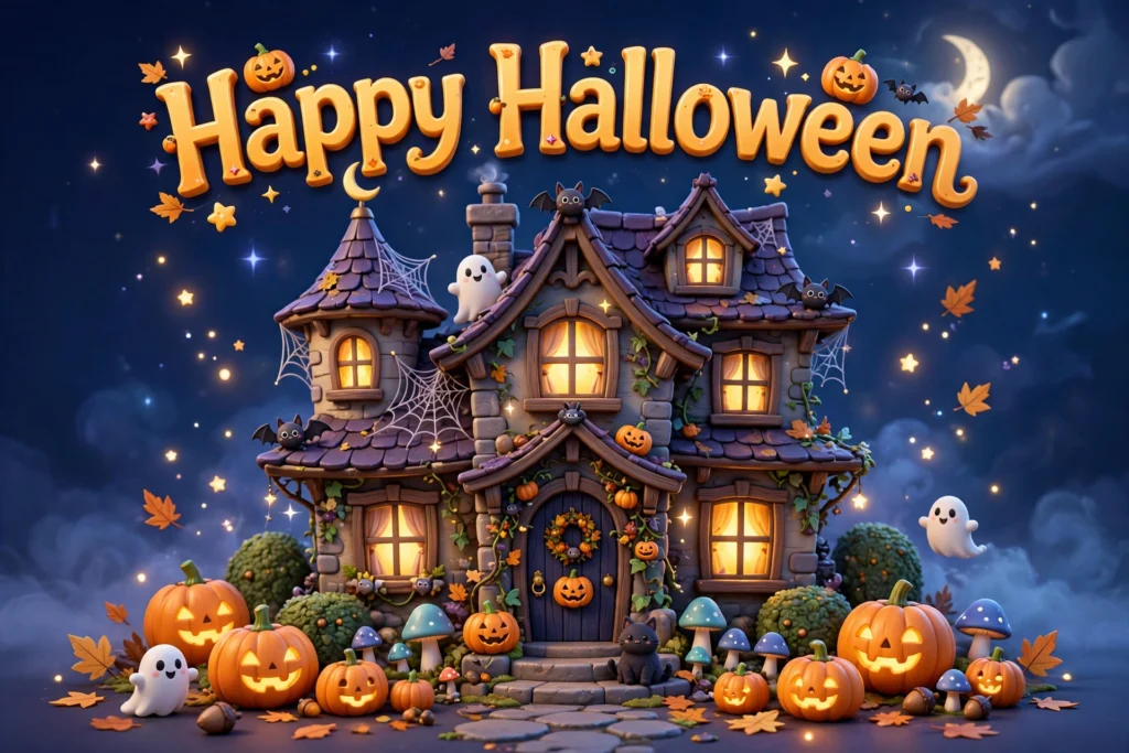 Happy Halloween image with a spooky-but-sweet haunted house at night