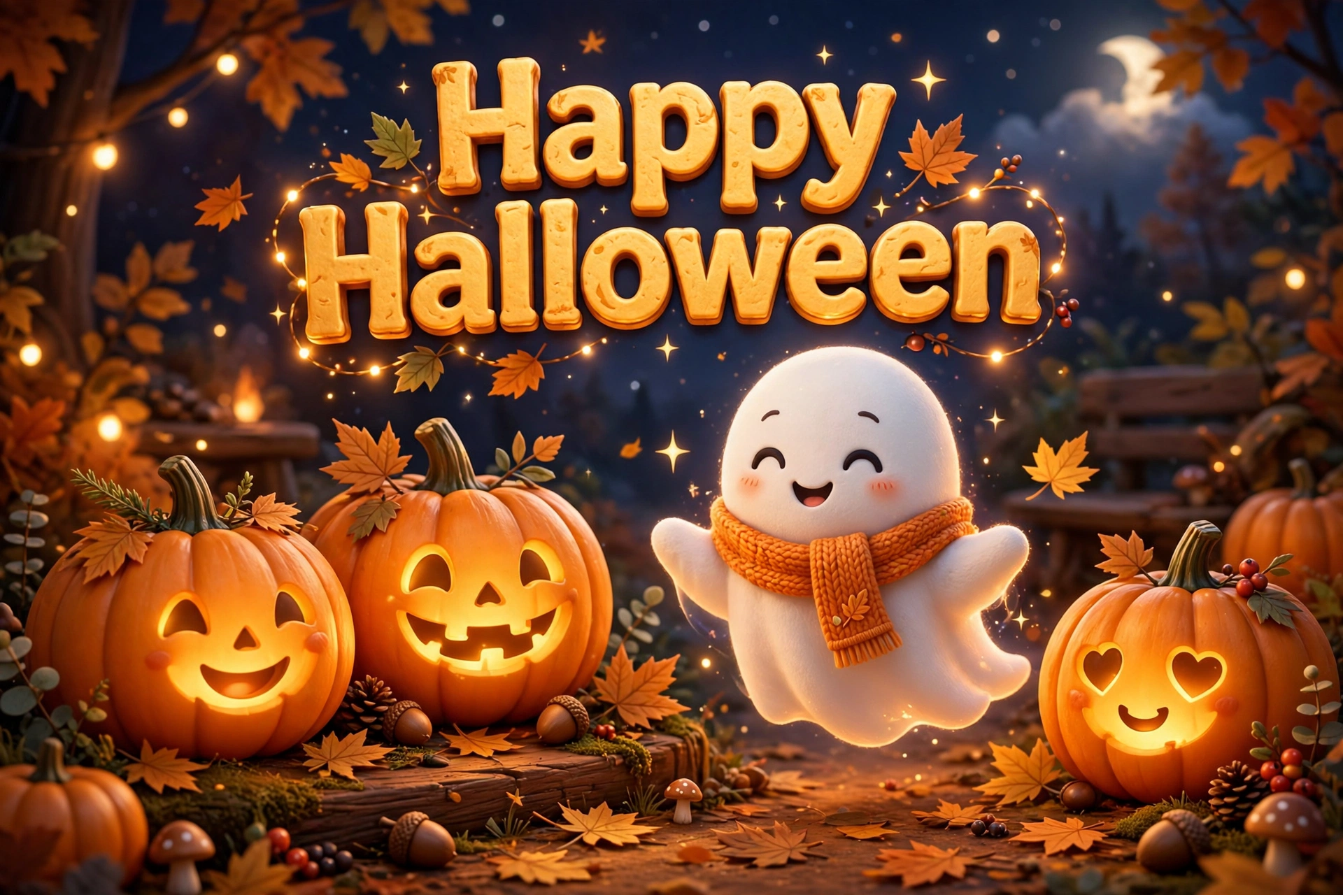 Happy Halloween image with glowing pumpkins and a friendly ghost
